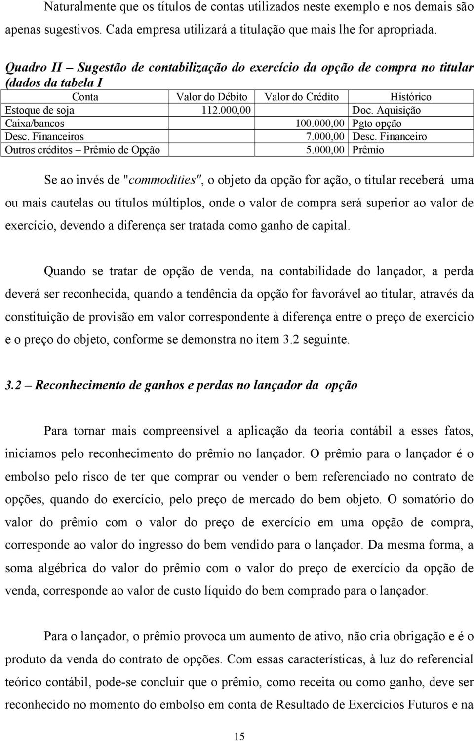 Aquisição Caixa/bancos 100.00 Pgto opção Desc. Financeiros 7.00 Desc. Financeiro Outros créditos Prêmio de Opção 5.