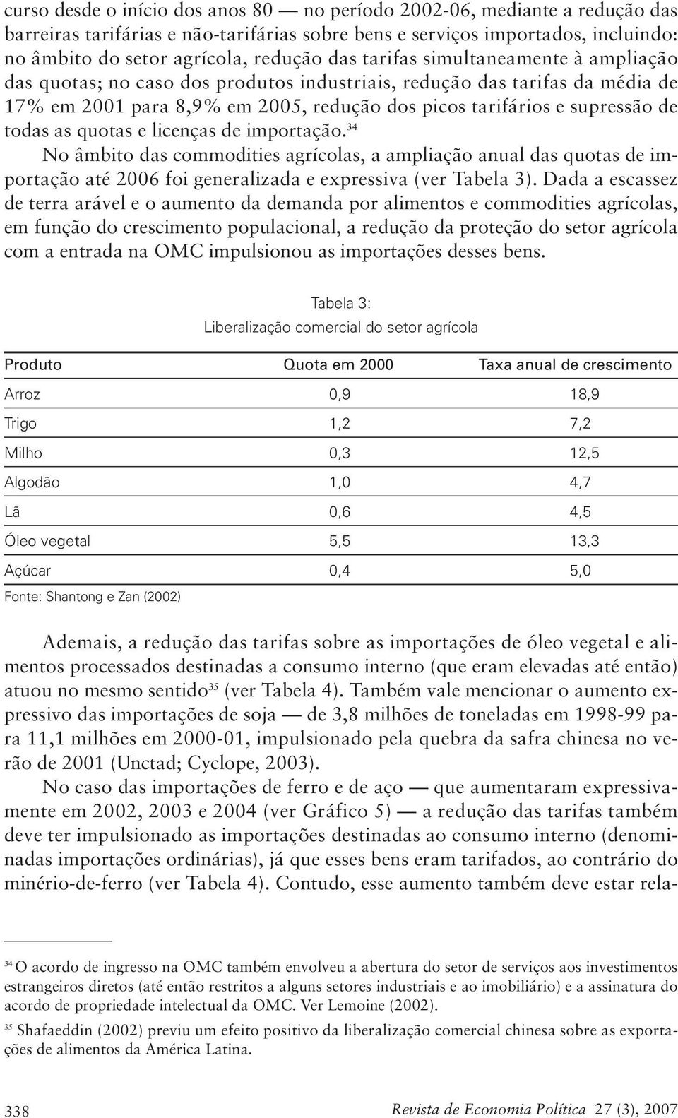 quotas e licenças de importação. 34 No âmbito das commodities agrícolas, a ampliação anual das quotas de importação até 2006 foi generalizada e expressiva (ver Tabela 3).