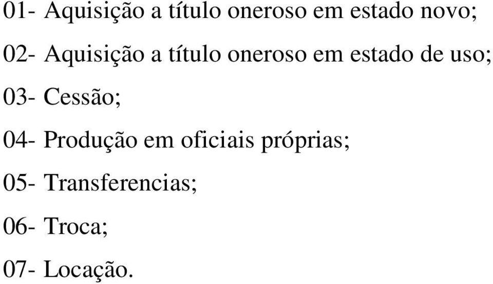 uso; 03- Cessão; 04- Produção em oficiais