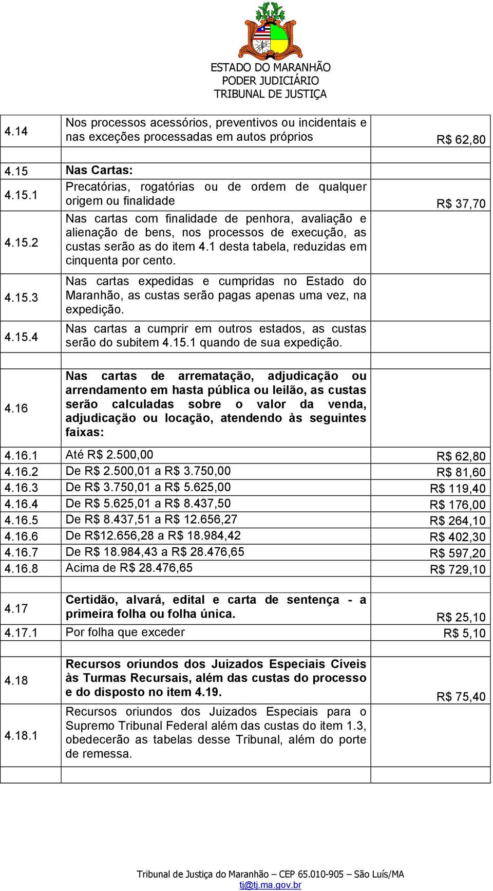 15.2 custas serão as do item 4.1 desta tabela, reduzidas em cinquenta por cento. 4.15.3 4.15.4 Nas cartas expedidas e cumpridas no Estado do Maranhão, as custas serão pagas apenas uma vez, na expedição.