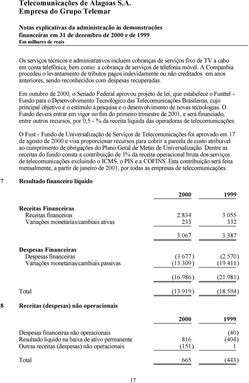 Em outubro de 2000, o Senado Federal aprovou projeto de lei, que estabelece o Funttel - Fundo para o Desenvolvimento Tecnológico das Telecomunicações Brasileiras, cujo principal objetivo é o estímulo