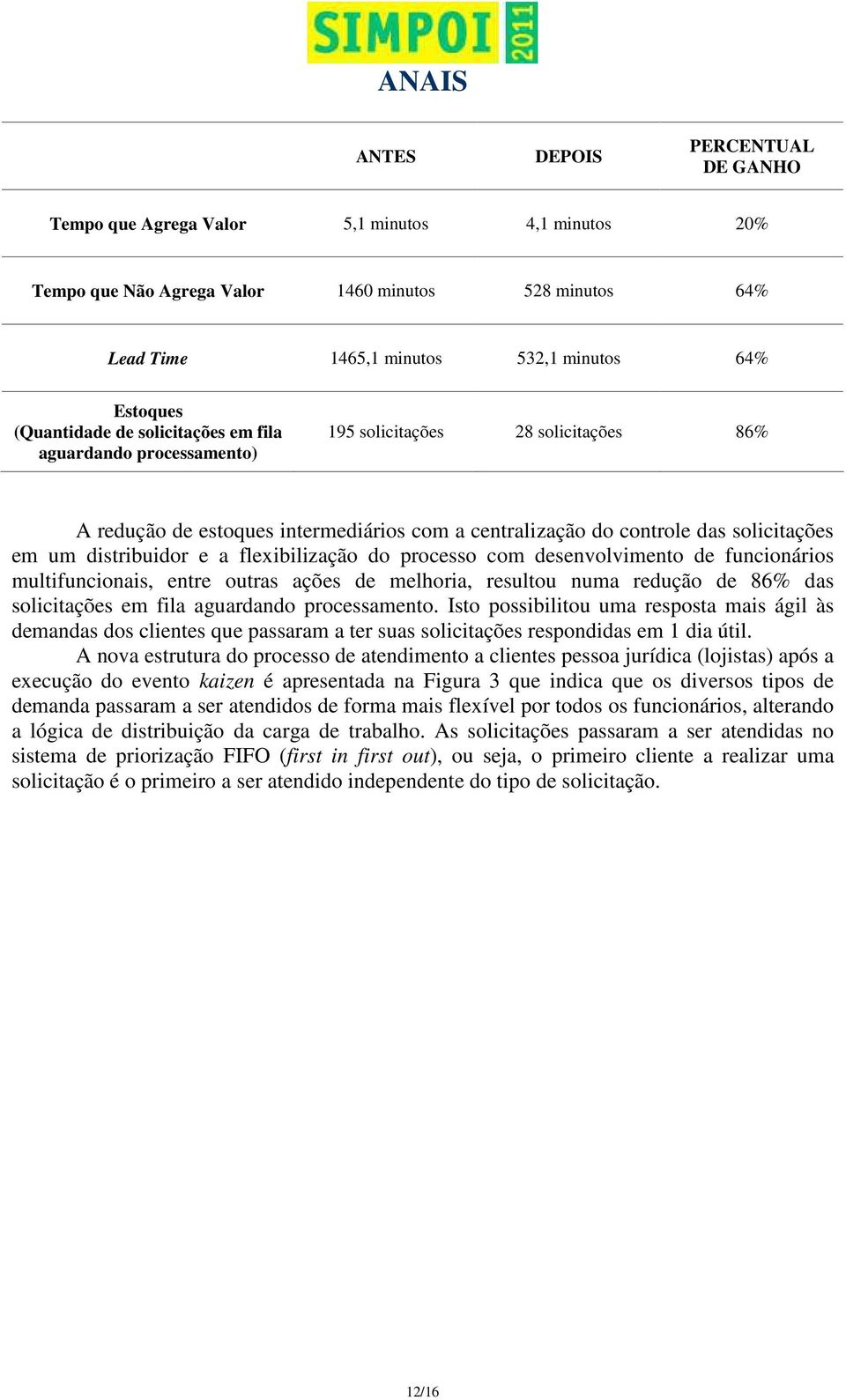 distribuidor e a flexibilização do processo com desenvolvimento de funcionários multifuncionais, entre outras ações de melhoria, resultou numa redução de 86% das solicitações em fila aguardando