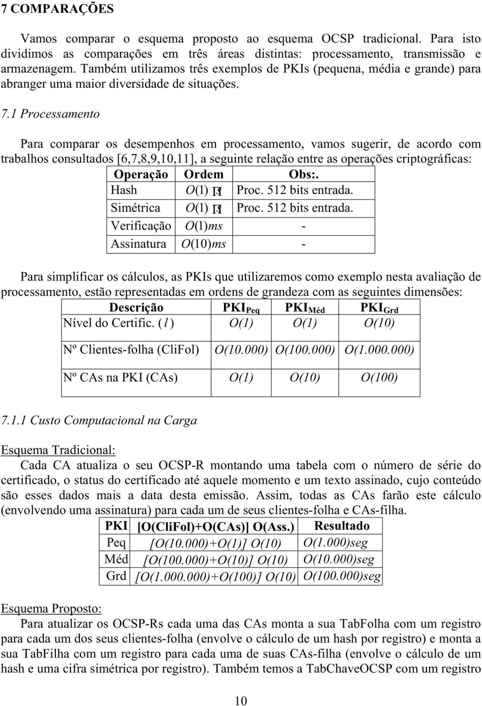 1 Processamento Para comparar os desempenhos em processamento, vamos sugerir, de acordo com trabalhos consultados [6,7,8,9,10,11], a seguinte relação entre as operações criptográficas: Operação Ordem