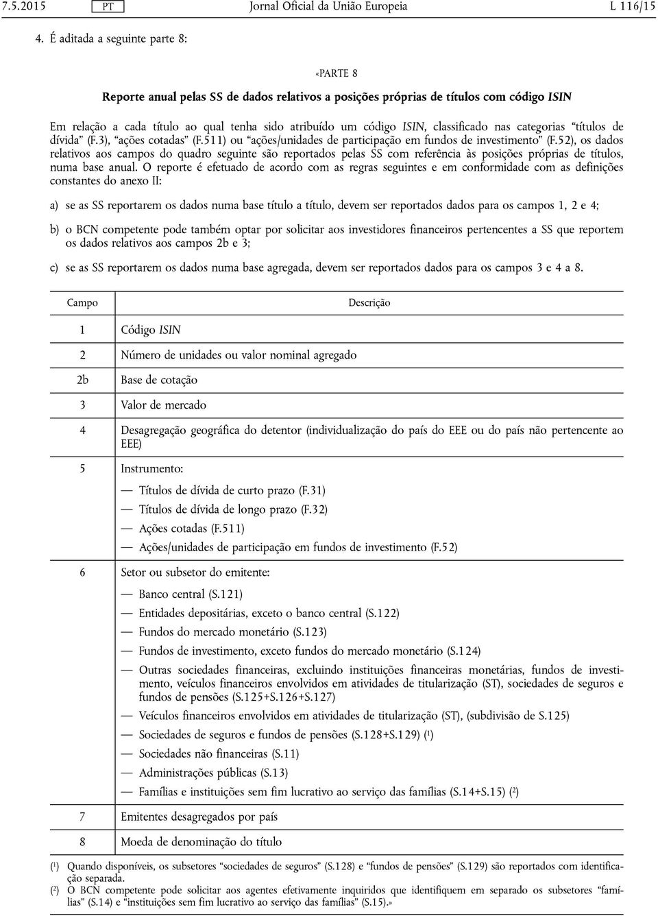 classificado nas categorias títulos de dívida (F.3), ações cotadas (F.511) ou ações/unidades de participação em fundos de investimento (F.