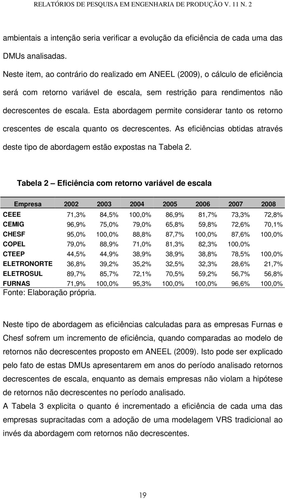 Esta abordagem permite considerar tanto os retorno crescentes de escala quanto os decrescentes. As eficiências obtidas através deste tipo de abordagem estão expostas na Tabela 2.