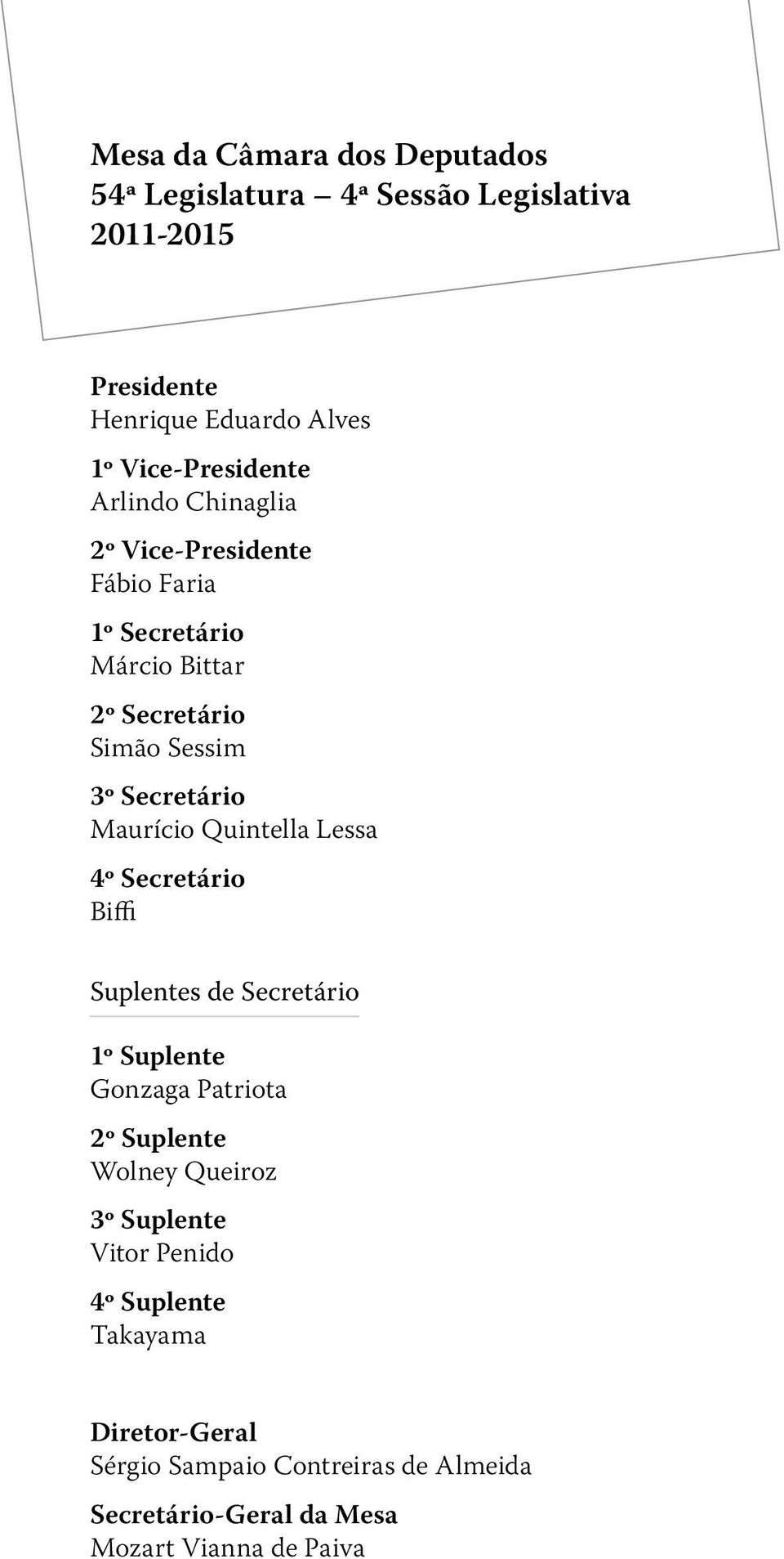 Quintella Lessa 4º Secretário Biffi Suplentes de Secretário 1º Suplente Gonzaga Patriota 2º Suplente Wolney Queiroz 3º Suplente