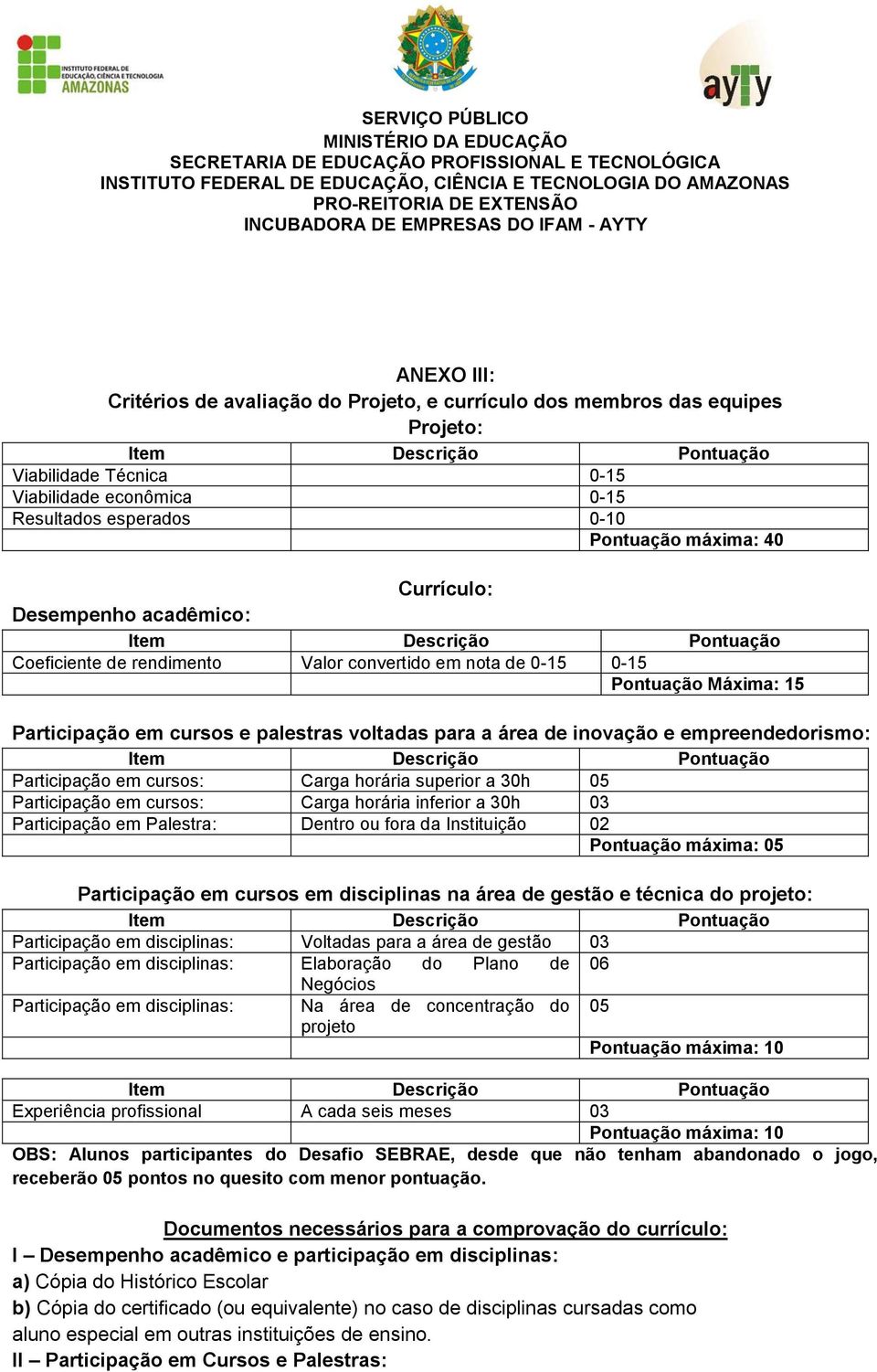 voltadas para a área de inovação e empreendedorismo: Item Descrição Pontuação Participação em cursos: Carga horária superior a 30h 05 Participação em cursos: Carga horária inferior a 30h 03