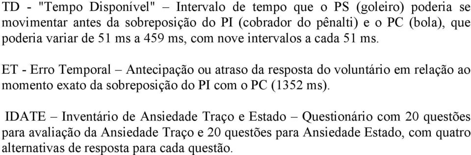 ET - Erro Temporal Antecipação ou atraso da resposta do voluntário em relação ao momento exato da sobreposição do PI com o PC (1352 ms).