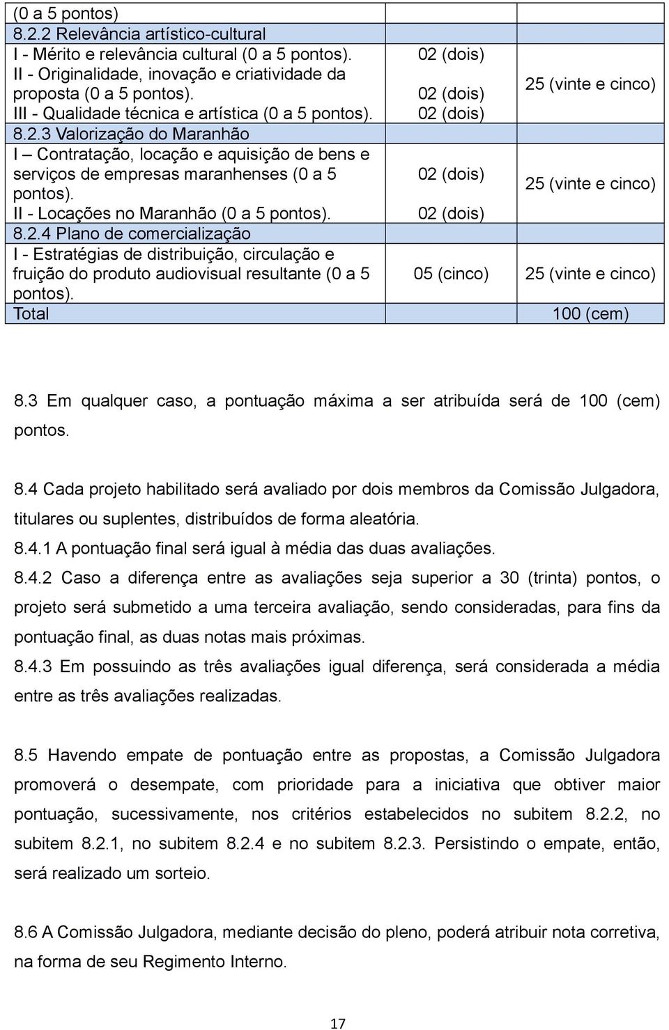 II - Locações no Maranhão (0 a 5 pontos). 8.2.4 Plano de comercialização I - Estratégias de distribuição, circulação e fruição do produto audiovisual resultante (0 a 5 pontos).
