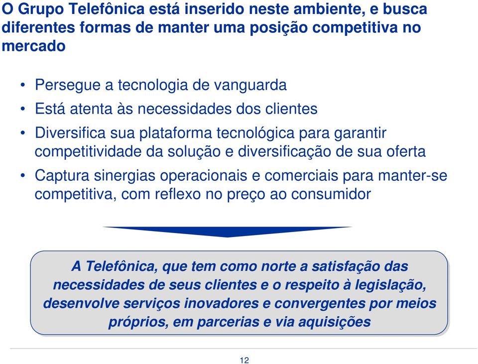 Captura sinergias operacionais e comerciais para manter-se competitiva, com reflexo no preço ao consumidor A Telefônica, que tem como norte a satisfação