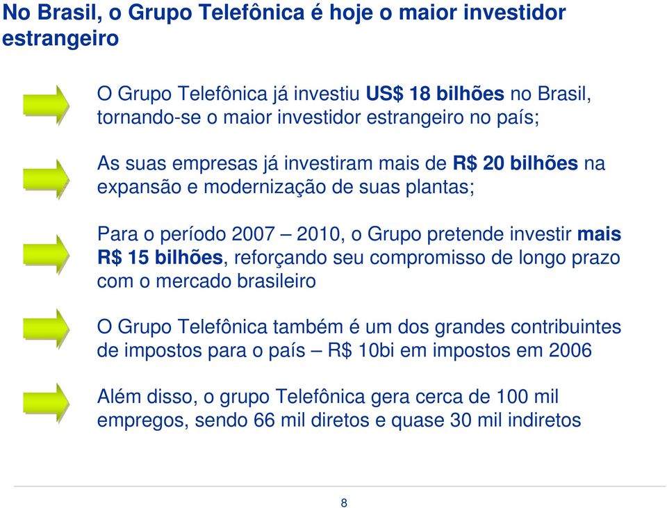 pretende investir mais R$ 15 bilhões, reforçando seu compromisso de longo prazo com o mercado brasileiro O Grupo Telefônica também é um dos grandes