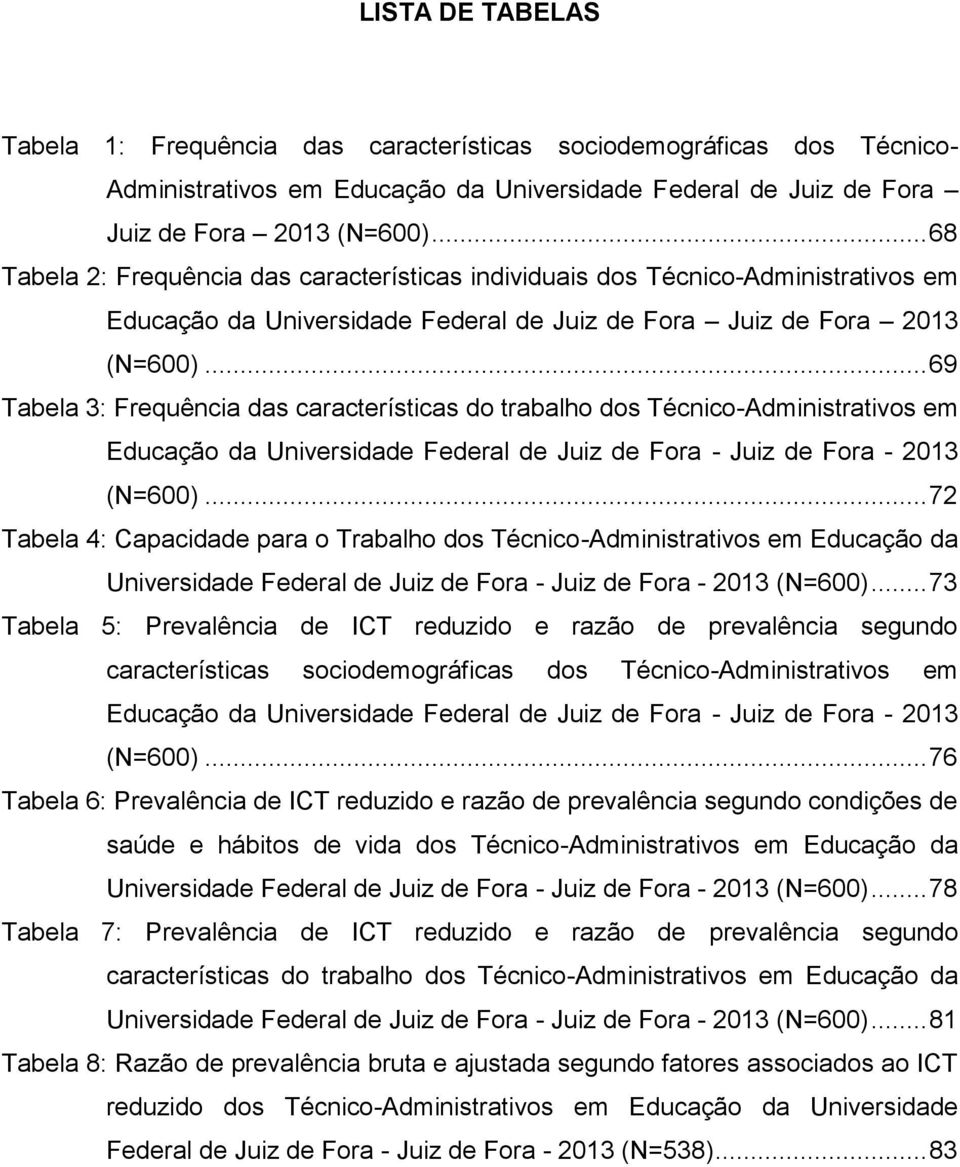 .. 69 Tabela 3: Frequência das características do trabalho dos Técnico-Administrativos em Educação da Universidade Federal de Juiz de Fora - Juiz de Fora - 2013 (N=600).