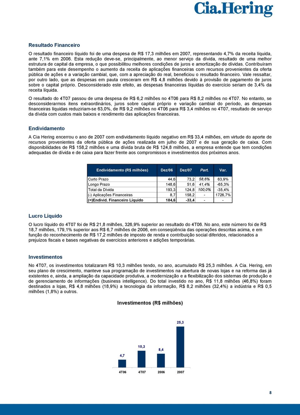 Contribuíram também para este desempenho o aumento da receita de aplicações financeiras com recursos provenientes da oferta pública de ações e a variação cambial, que, com a apreciação do real,