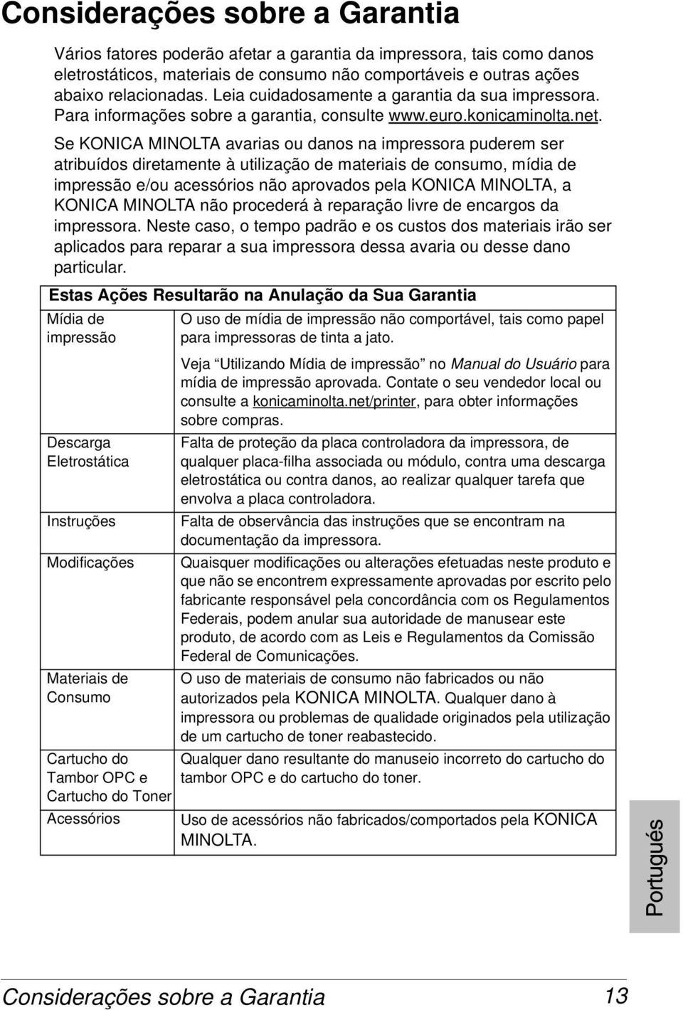 Se KONICA MINOLTA avarias ou danos na impressora puderem ser atribuídos diretamente à utilização de materiais de consumo, mídia de impressão e/ou acessórios não aprovados pela KONICA MINOLTA, a