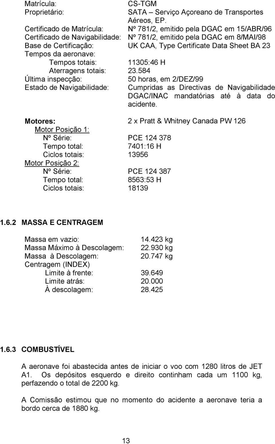 23 Tempos da aeronave: Tempos totais: 11305:46 H Aterragens totais: 23.