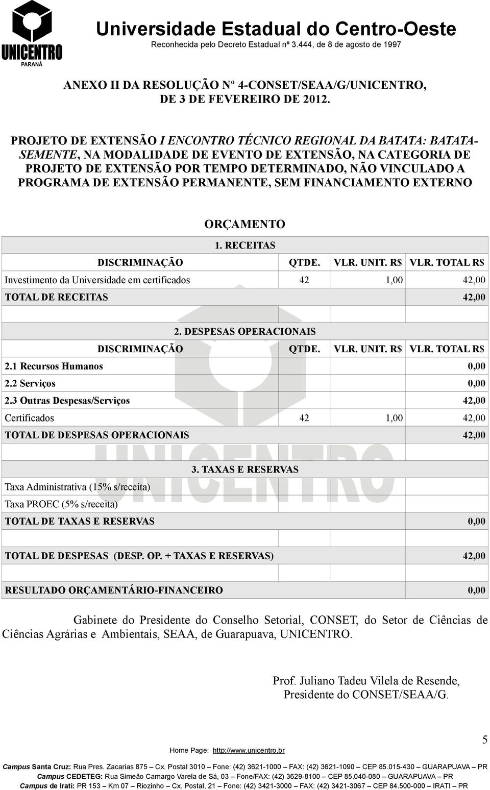 EXTENSÃO PERMANENTE, SEM FINANCIAMENTO EXTERNO ORÇAMENTO 1. RECEITAS DISCRIMINAÇÃO QTDE. VLR. UNIT. R$ VLR.