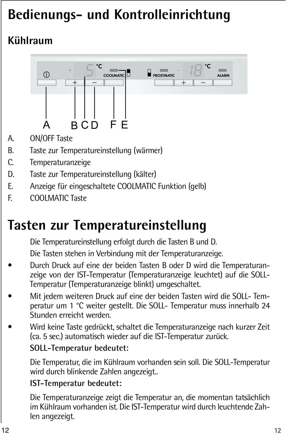 Die Tasten stehen in Verbindung mit der Temperaturanzeige.