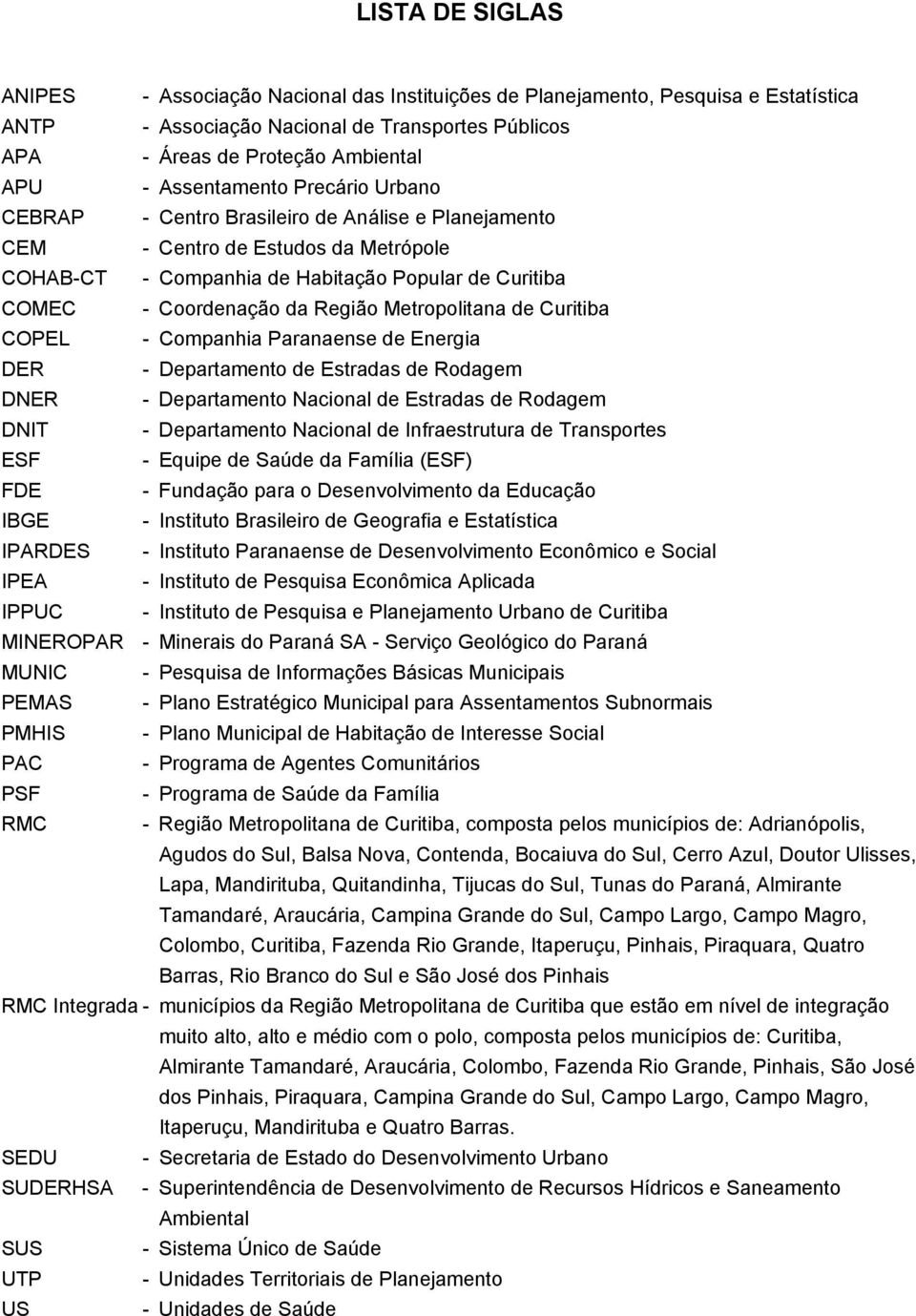 Região Metropolitana de Curitiba COPEL - Companhia Paranaense de Energia DER - Departamento de Estradas de Rodagem DNER - Departamento Nacional de Estradas de Rodagem DNIT - Departamento Nacional de