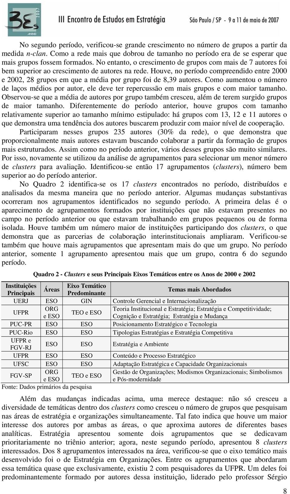 Houve, no período compreendido entre 2000 e 2002, 28 grupos em que a média por grupo foi de 8,39 autores.