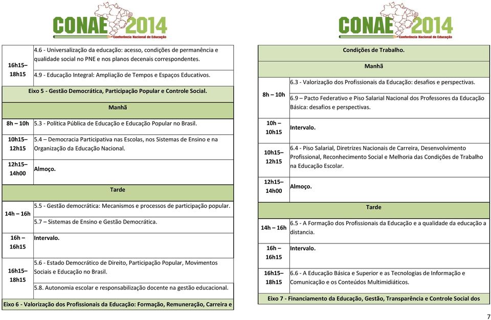 4 Democracia Participativa nas Escolas, nos Sistemas de Ensino e na Organização da Educação Nacional. 8h 10h 10h 10h15 10h15 00 Condições de Trabalho. 6.