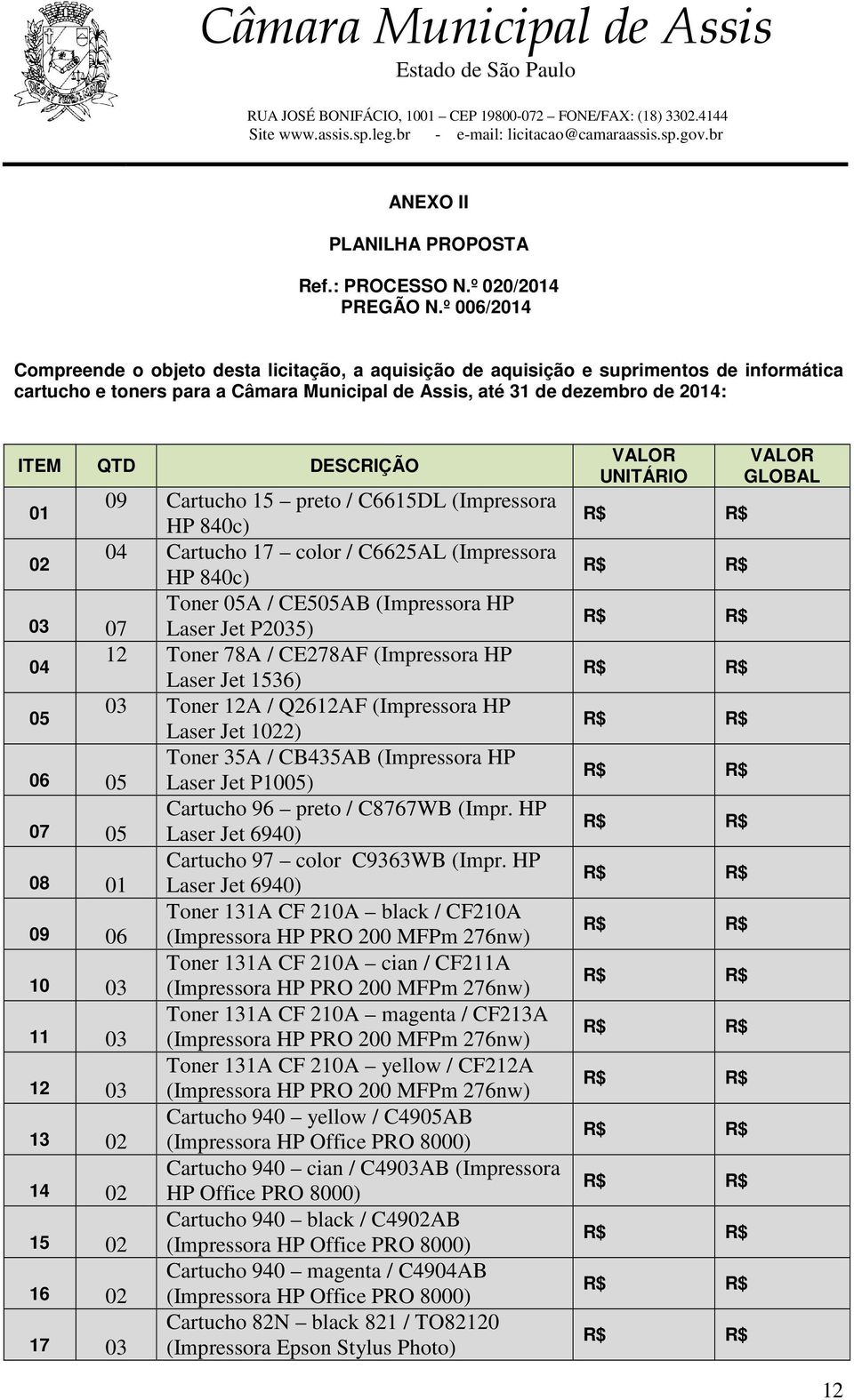 DESCRIÇÃO 01 02 03 07 04 05 06 05 07 05 08 01 09 06 10 03 11 03 12 03 13 02 14 02 15 02 16 02 17 03 09 Cartucho 15 preto / C6615DL (Impressora HP 840c) 04 Cartucho 17 color / C6625AL (Impressora HP