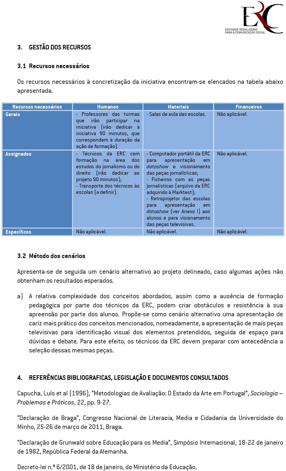 que irão participar na iniciativa (irão dedicar à iniciativa 90 minutos, que correspondem à duração da ação de formação). Assignados - Técnicos da ERC com - Computador portátil da ERC Não aplicável.