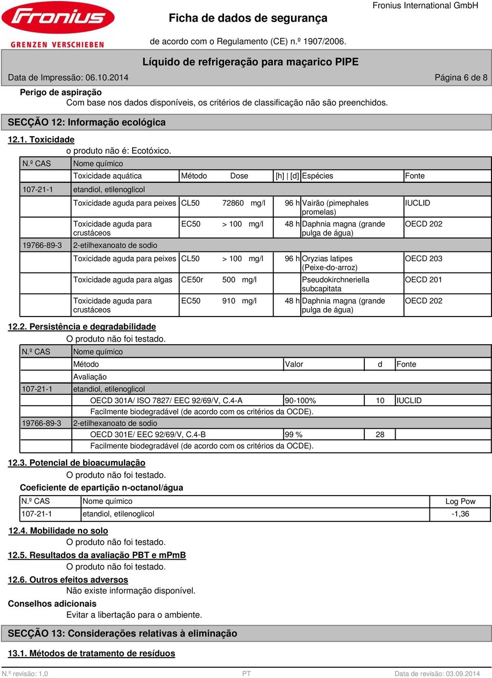 Toxicidade aguda para crustáceos 2-etilhexanoato de sodio EC50 > 100 mg/l 48 h Daphnia magna (grande OECD 202 pulga de água) Toxicidade aguda para peixes CL50 > 100 mg/l 96 h Oryzias latipes OECD 203