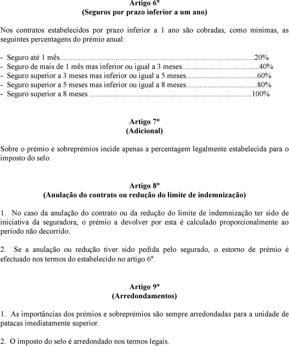 ..80% - Seguro superior a 8 meses...100% Artigo 7 (Adicional) Sobre o prémio e sobreprémios incide apenas a percentagem legalmente estabelecida para o imposto do selo.