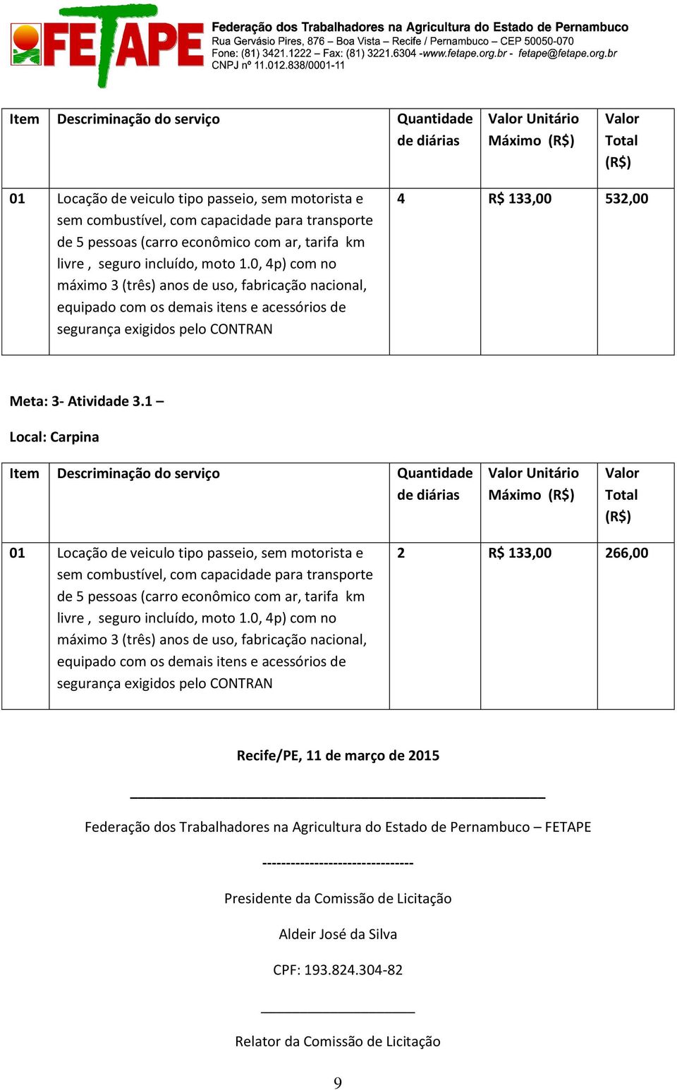 0, 4p) com no máximo 3 (três) anos de uso, fabricação nacional, equipado com os demais itens e acessórios de segurança exigidos pelo CONTRAN 4 R$ 133,00 532,00 Meta: 3- Atividade 3.