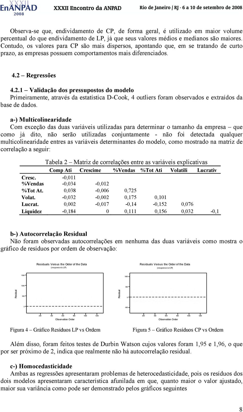 Regressões 4.2.1 Validação dos pressupostos do modelo Primeiramente, através da estatística D-Cook, 4 outliers foram observados e extraídos da base de dados.