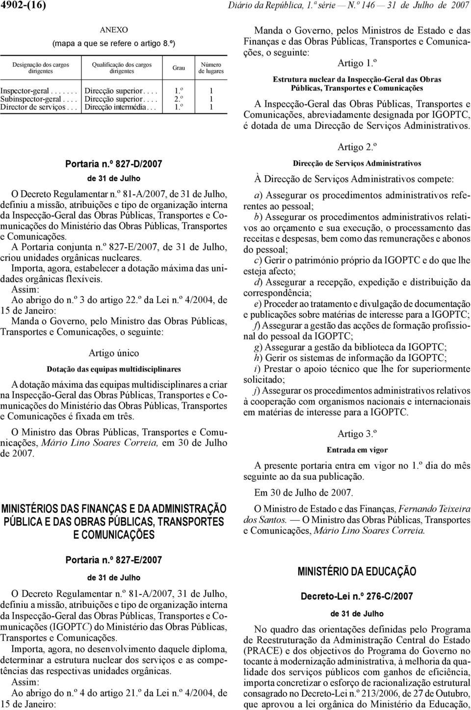 º 81-A/2007,, definiu a missão, atribuições e tipo de organização interna da Inspecção -Geral das Obras Públicas, Transportes e Comunicações do Ministério das Obras Públicas, Transportes e