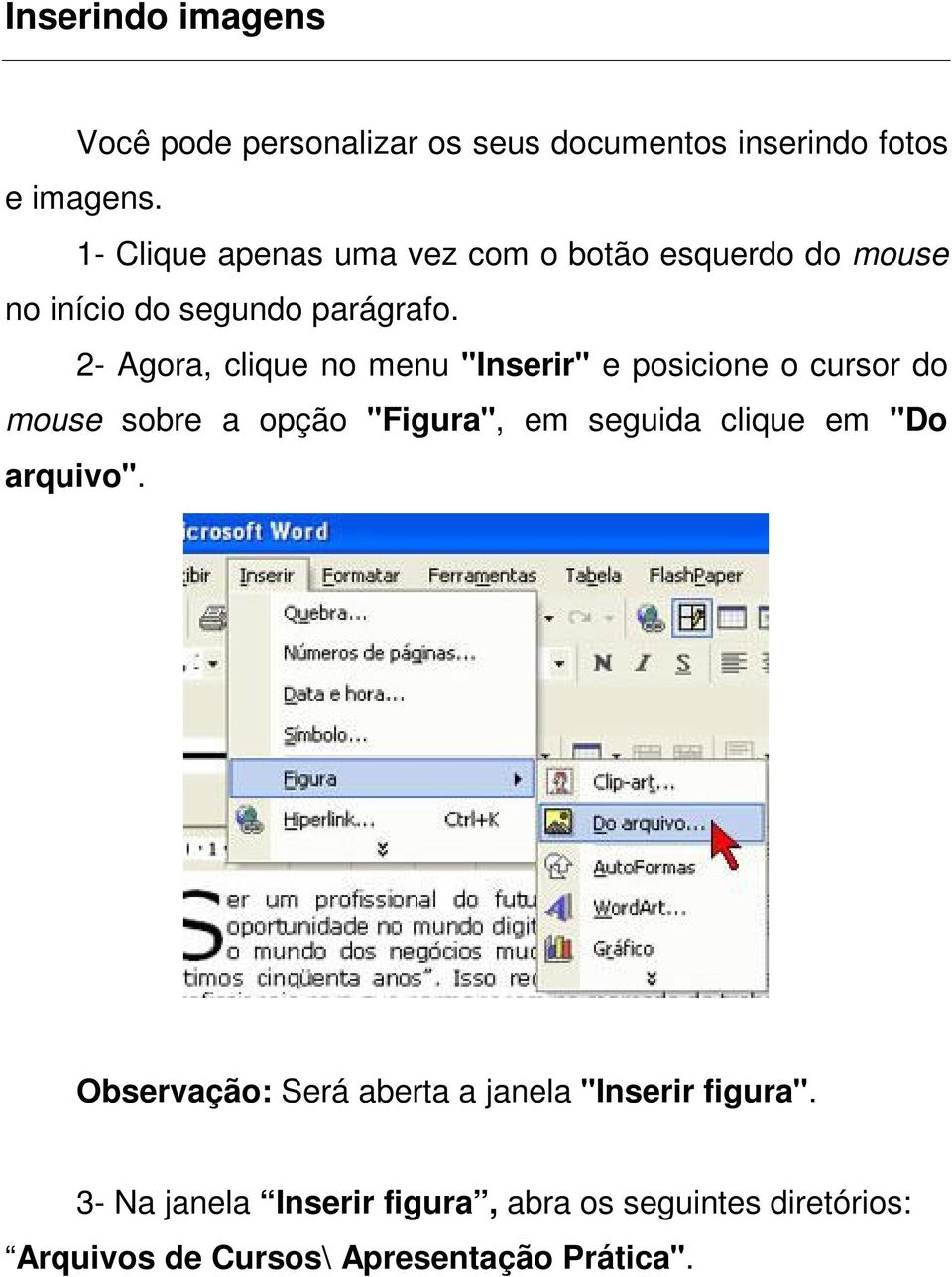 2- Agora, clique no menu "Inserir" e posicione o cursor do mouse sobre a opção "Figura", em seguida clique em