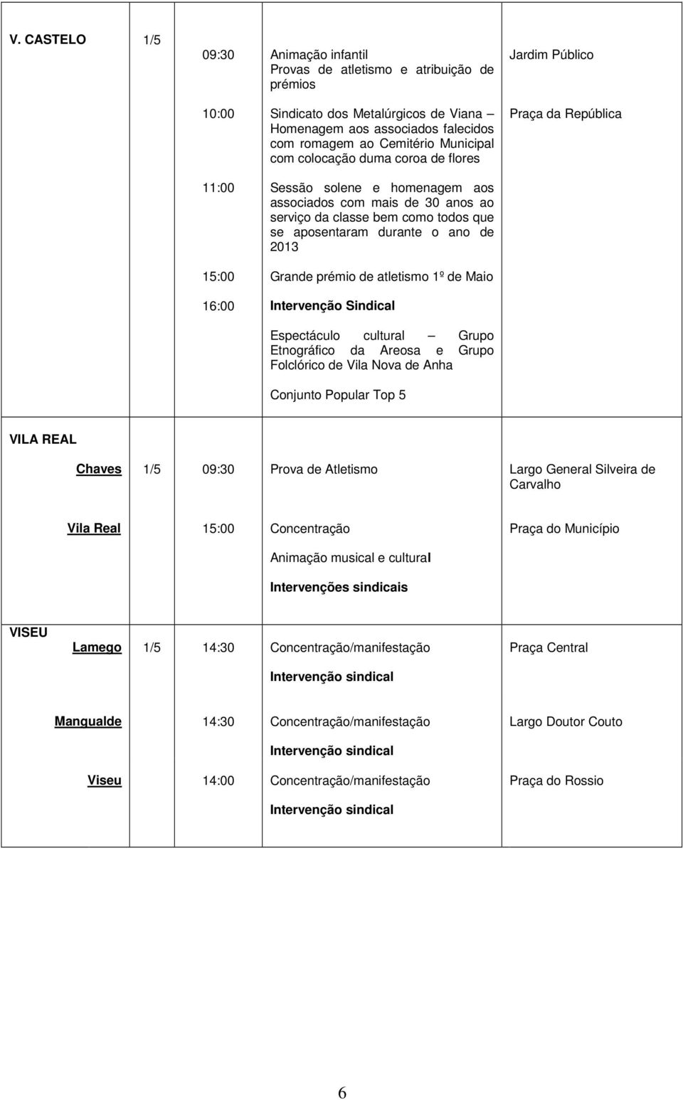 Grande prémio de atletismo 1º de Maio Espectáculo cultural Grupo Etnográfico da Areosa e Grupo Folclórico de Vila Nova de Anha Conjunto Popular Top 5 VILA REAL Chaves 09:30 Prova de Atletismo Largo