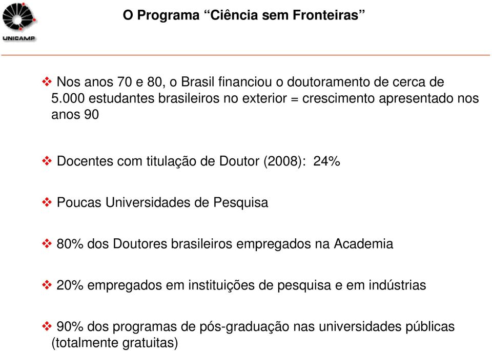 (2008): 24% Poucas Universidades de Pesquisa 80% dos Doutores brasileiros empregados na Academia 20% empregados