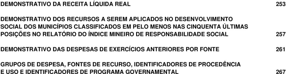 MINEIRO DE RESPONSABILIDADE SOCIAL 257 DEMONSTRATIVO DAS DESPESAS DE EXERCÍCIOS ANTERIORES POR FONTE 261