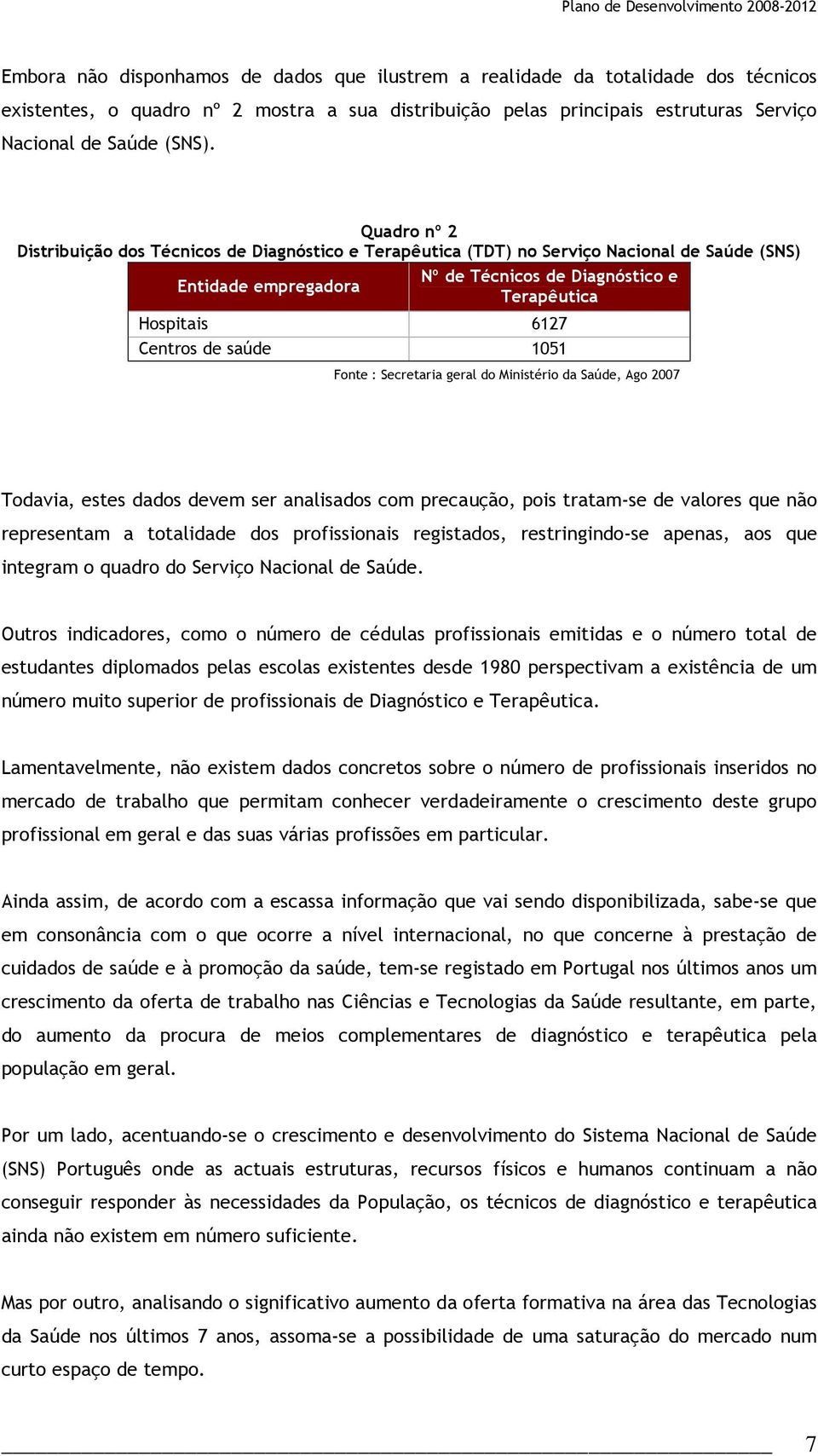 saúde 1051 Fonte : Secretaria geral do Ministério da Saúde, Ago 2007 Todavia, estes dados devem ser analisados com precaução, pois tratam-se de valores que não representam a totalidade dos