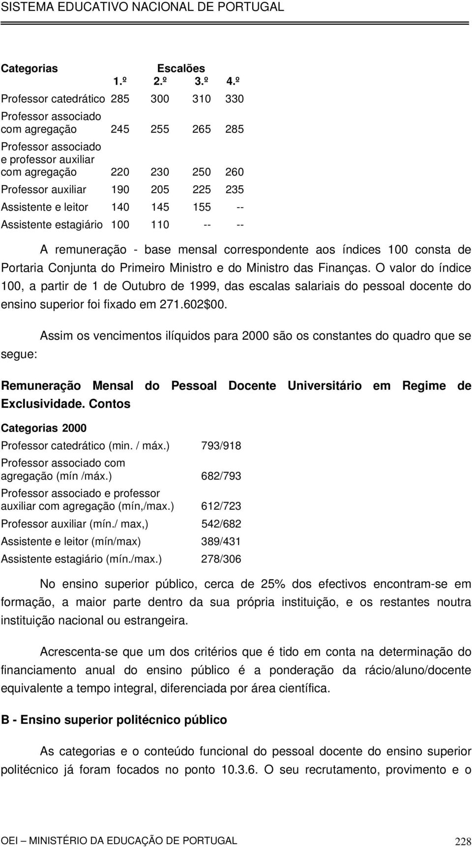 Assistente e leitor 140 145 155 -- Assistente estagiário 100 110 -- -- A remuneração - base mensal correspondente aos índices 100 consta de Portaria Conjunta do Primeiro Ministro e do Ministro das