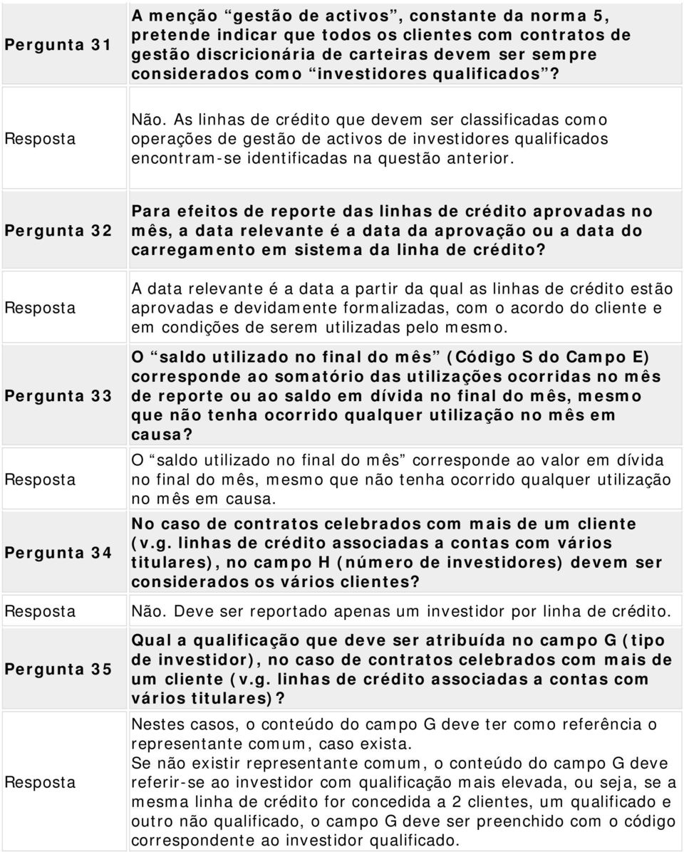 Pergunta 32 Pergunta 33 Pergunta 34 Pergunta 35 Para efeitos de reporte das linhas de crédito aprovadas no mês, a data relevante é a data da aprovação ou a data do carregamento em sistema da linha de