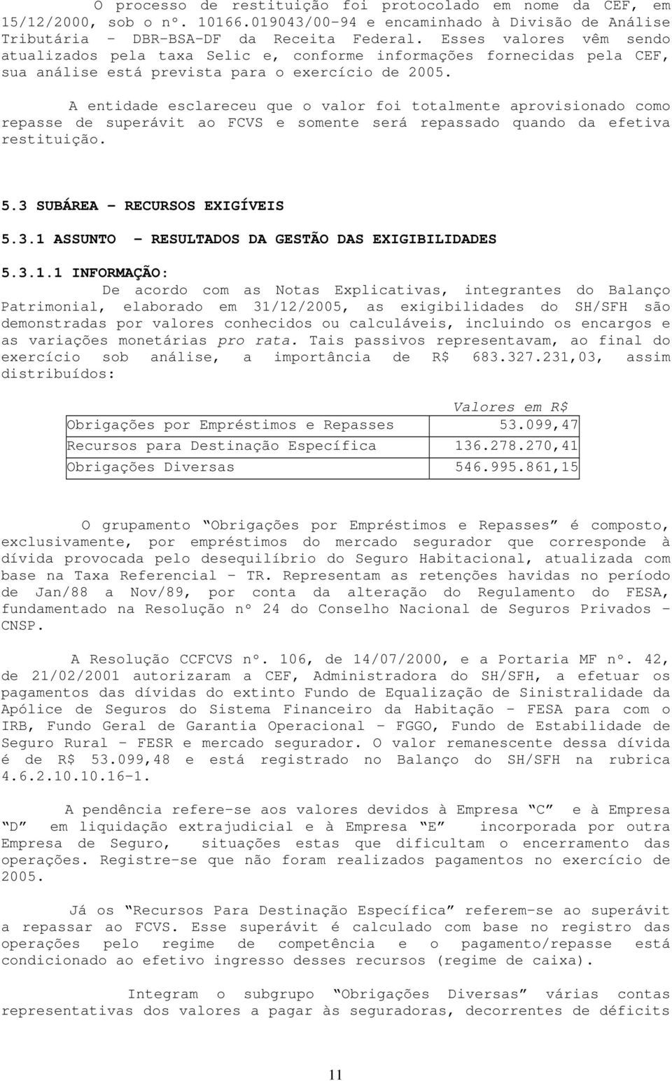 A entidade esclareceu que o valor foi totalmente aprovisionado como repasse de superávit ao FCVS e somente será repassado quando da efetiva restituição. 5.3 