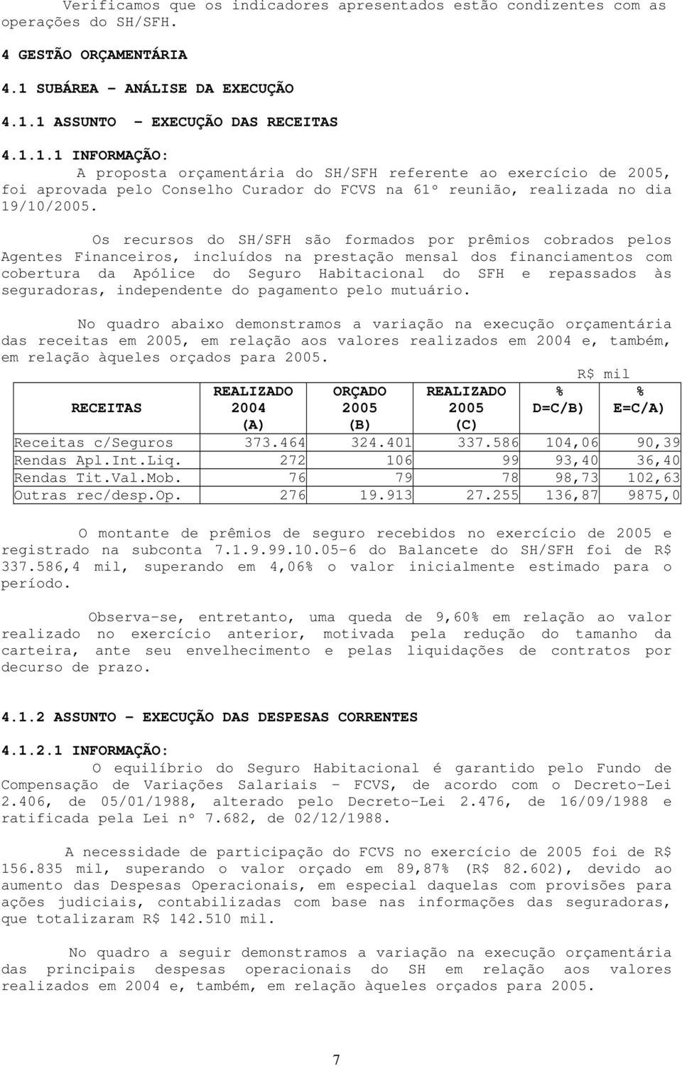 1 ASSUNTO - EXECUÇÃO DAS RECEITAS 4.1.1.1 INFORMAÇÃO: A proposta orçamentária do SH/SFH referente ao exercício de 2005, foi aprovada pelo Conselho Curador do FCVS na 61º reunião, realizada no dia 19/10/2005.