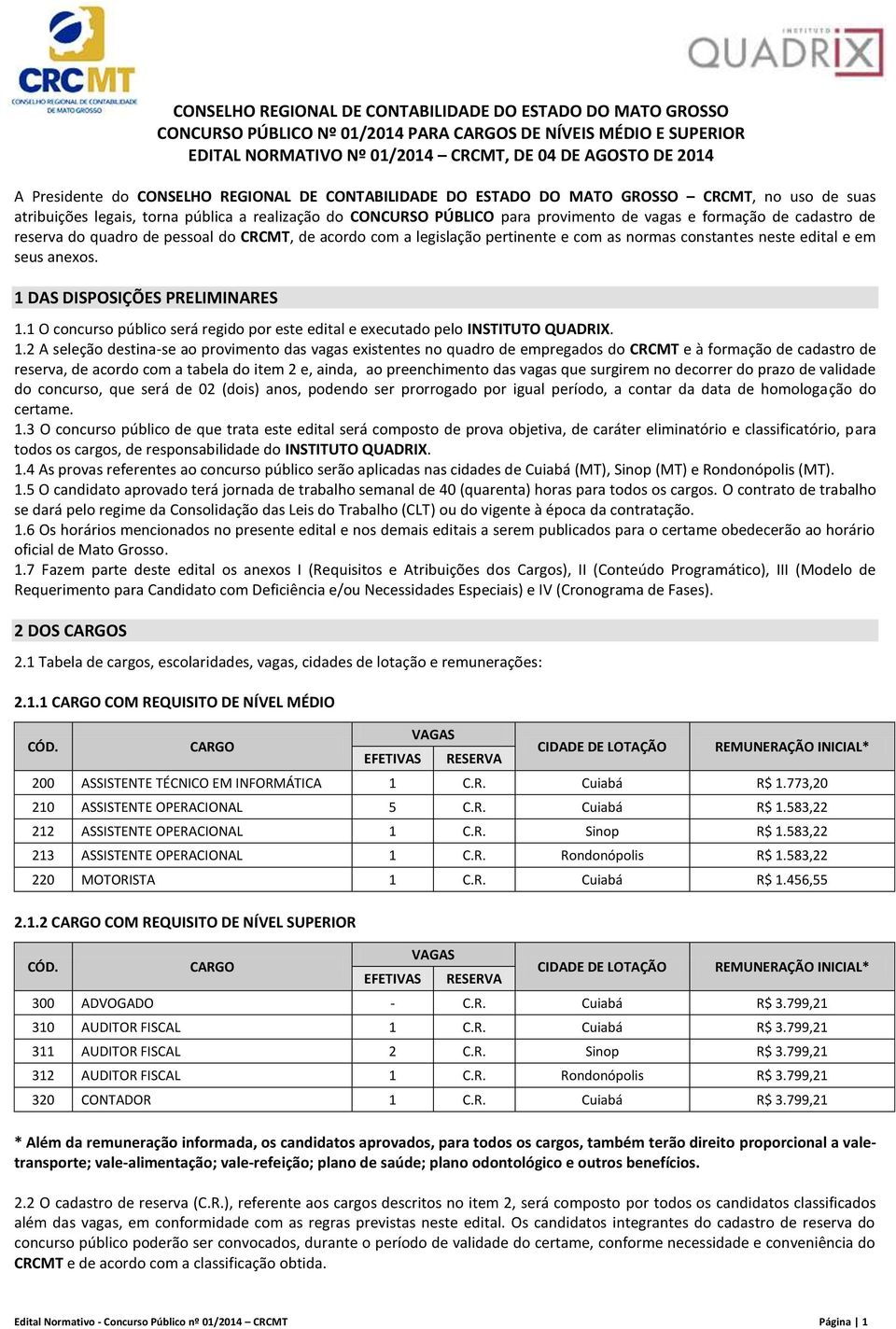 de reserva do quadro de pessoal do CRCMT, de acordo com a legislação pertinente e com as normas constantes neste edital e em seus anexos. 1 DAS DISPOSIÇÕES PRELIMINARES 1.