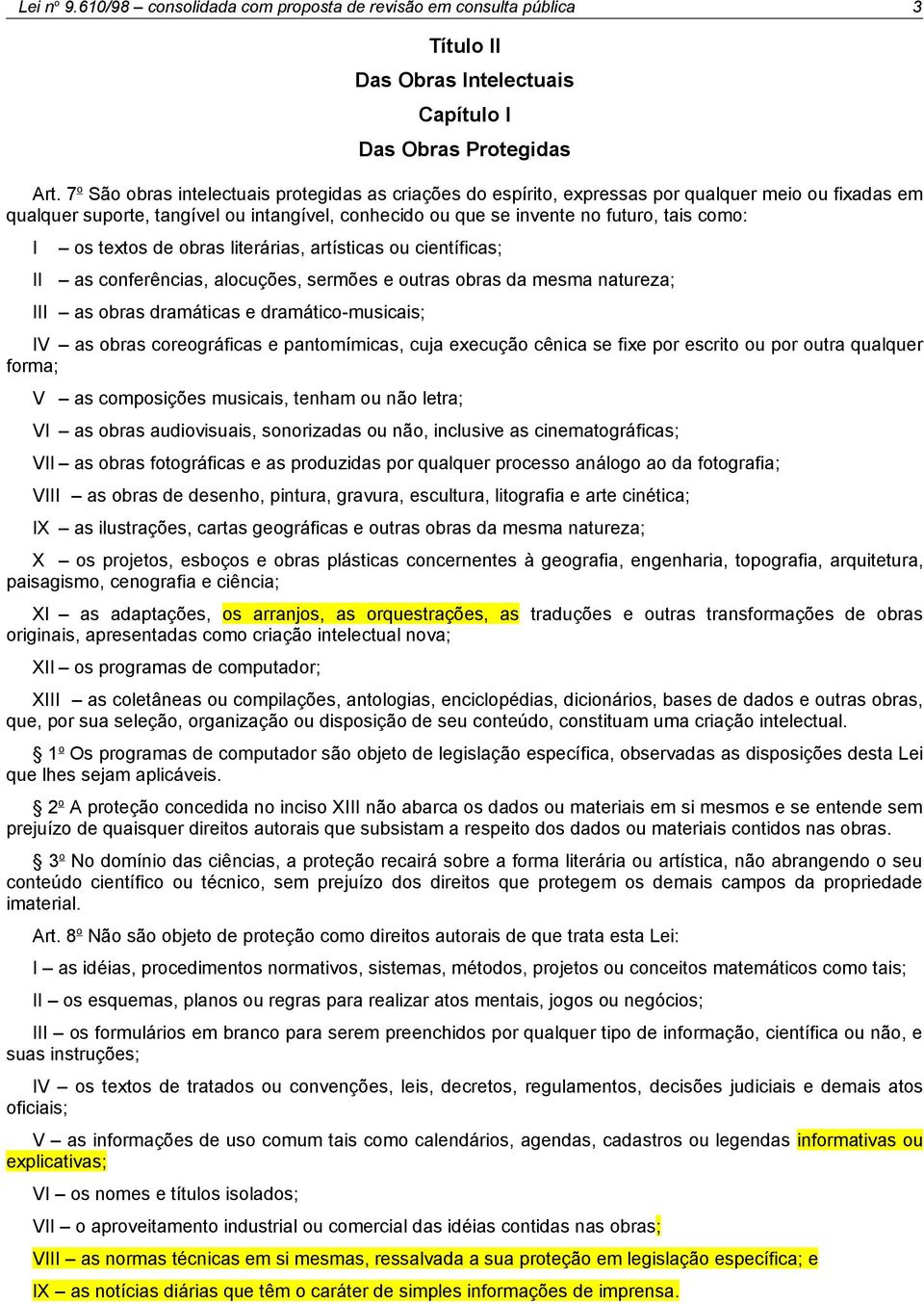 II os textos de obras literárias, artísticas ou científicas; as conferências, alocuções, sermões e outras obras da mesma natureza; III as obras dramáticas e dramático-musicais; IV as obras