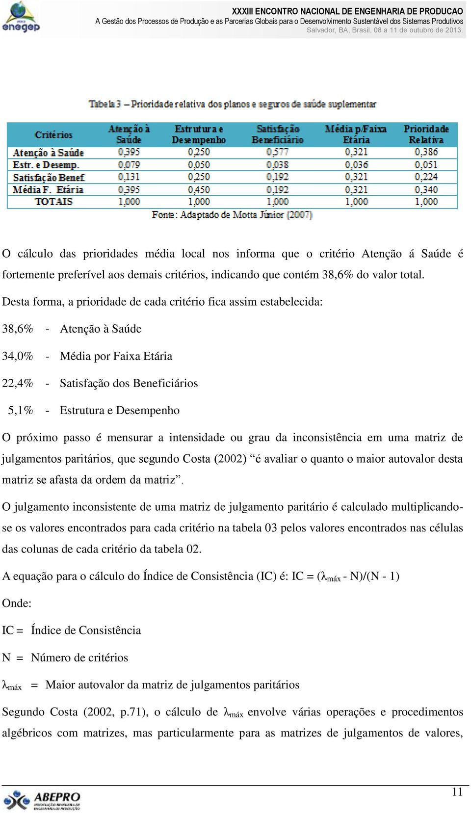 passo é mensurar a intensidade ou grau da inconsistência em uma matriz de julgamentos paritários, que segundo Costa (2002) é avaliar o quanto o maior autovalor desta matriz se afasta da ordem da