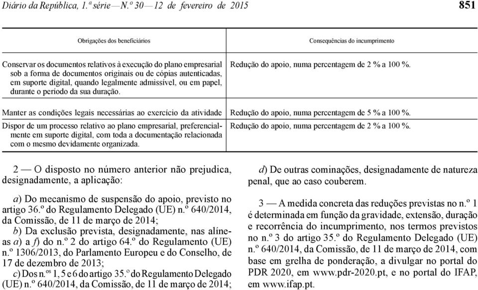 de cópias autenticadas, em suporte digital, quando legalmente admissível, ou em papel, durante o período da sua duração. Redução do apoio, numa percentagem de 2 % a 100 %.