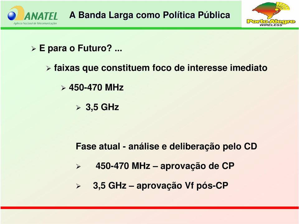 imediato 450-470 MHz 3,5 GHz Fase atual -