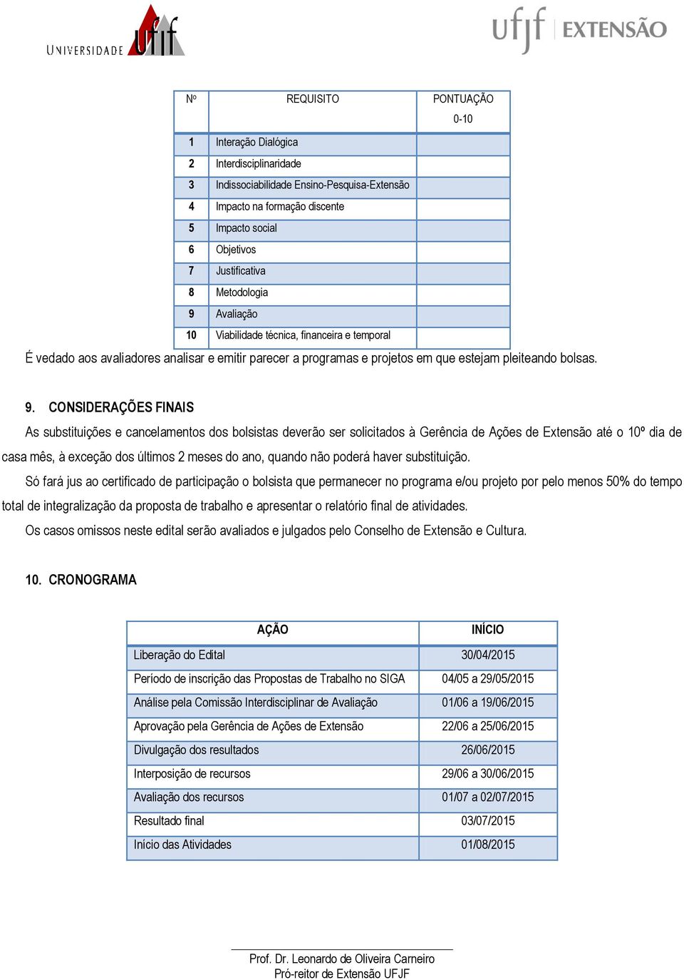 Avaliação 10 Viabilidade técnica, financeira e temporal É vedado aos avaliadores analisar e emitir parecer a programas e projetos em que estejam pleiteando bolsas. 9.