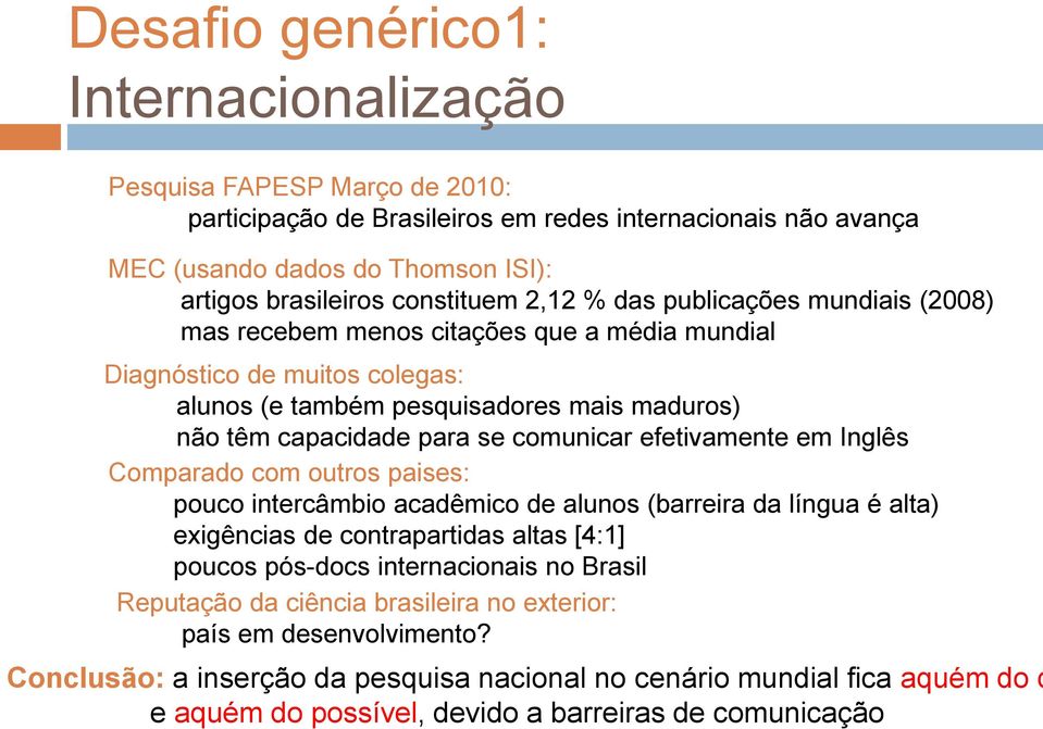 efetivamente em Inglês Comparado com outros paises: pouco intercâmbio acadêmico de alunos (barreira da língua é alta) exigências de contrapartidas altas [4:1] poucos pós-docs internacionais no Brasil