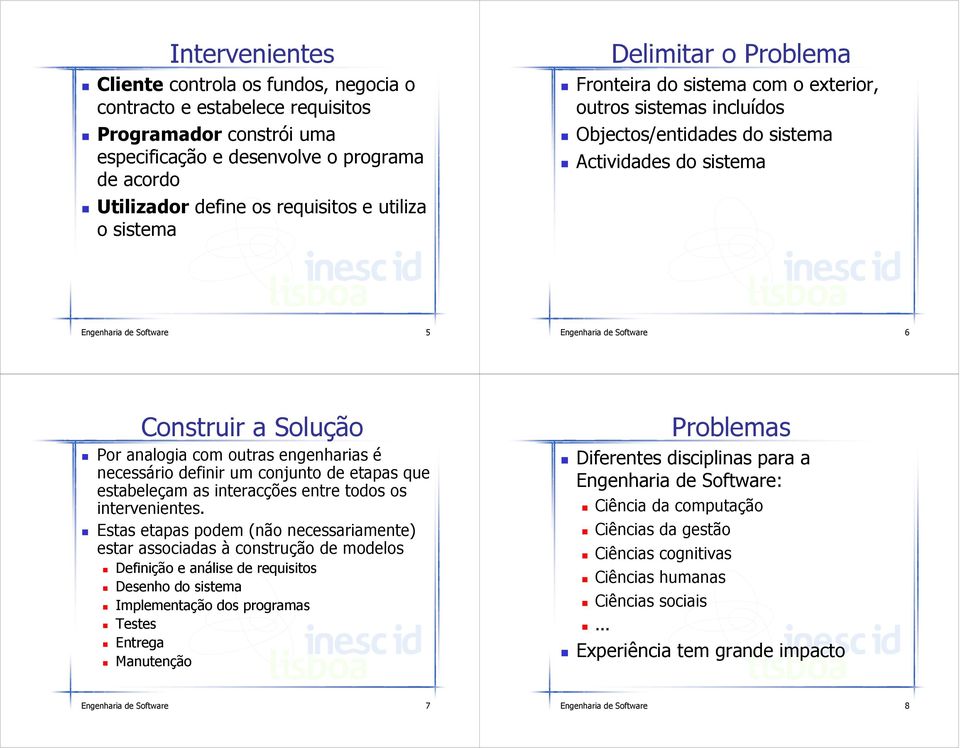 Software 6 Construir a Solução Por analogia com outras engenharias é necessário definir um conjunto de etapas que estabeleçam as interacções entre todos os intervenientes.