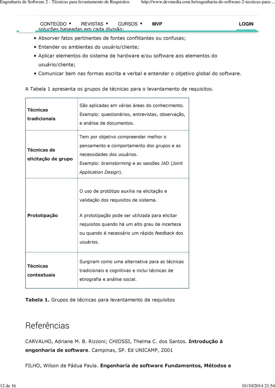 A Tabela 1 apresenta os grupos de técnicas para o levantamento de requisitos. Técnicas tradicionais São aplicadas em várias áreas do conhecimento.