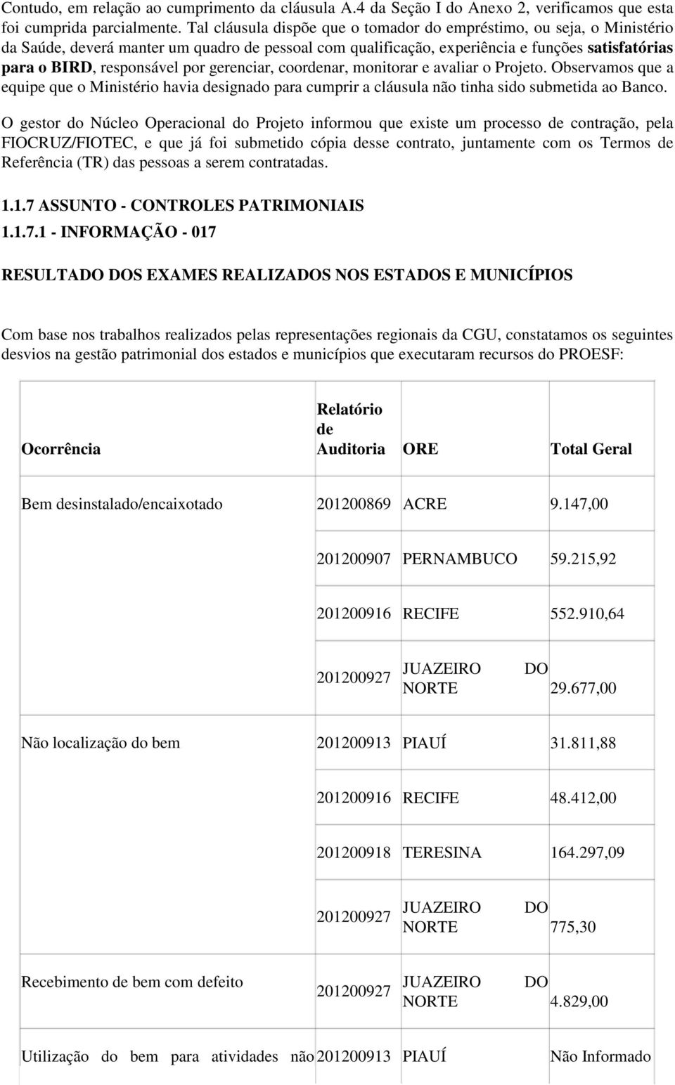 gerenciar, coordenar, monitorar e avaliar o Projeto. Observamos que a equipe que o Ministério havia designado para cumprir a cláusula não tinha sido submetida ao Banco.